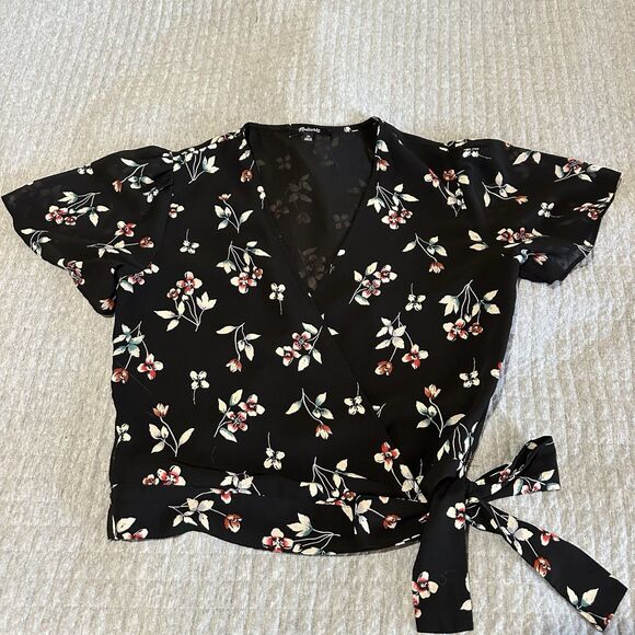 Madewell Tops - Madewell Cropped Boho Floral Tie Wrap Blouse XS Flutter Sleeve Sheer Black